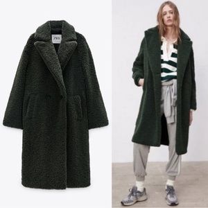 Zara Teddy Faux Shearling Fur Coat - Dark Green